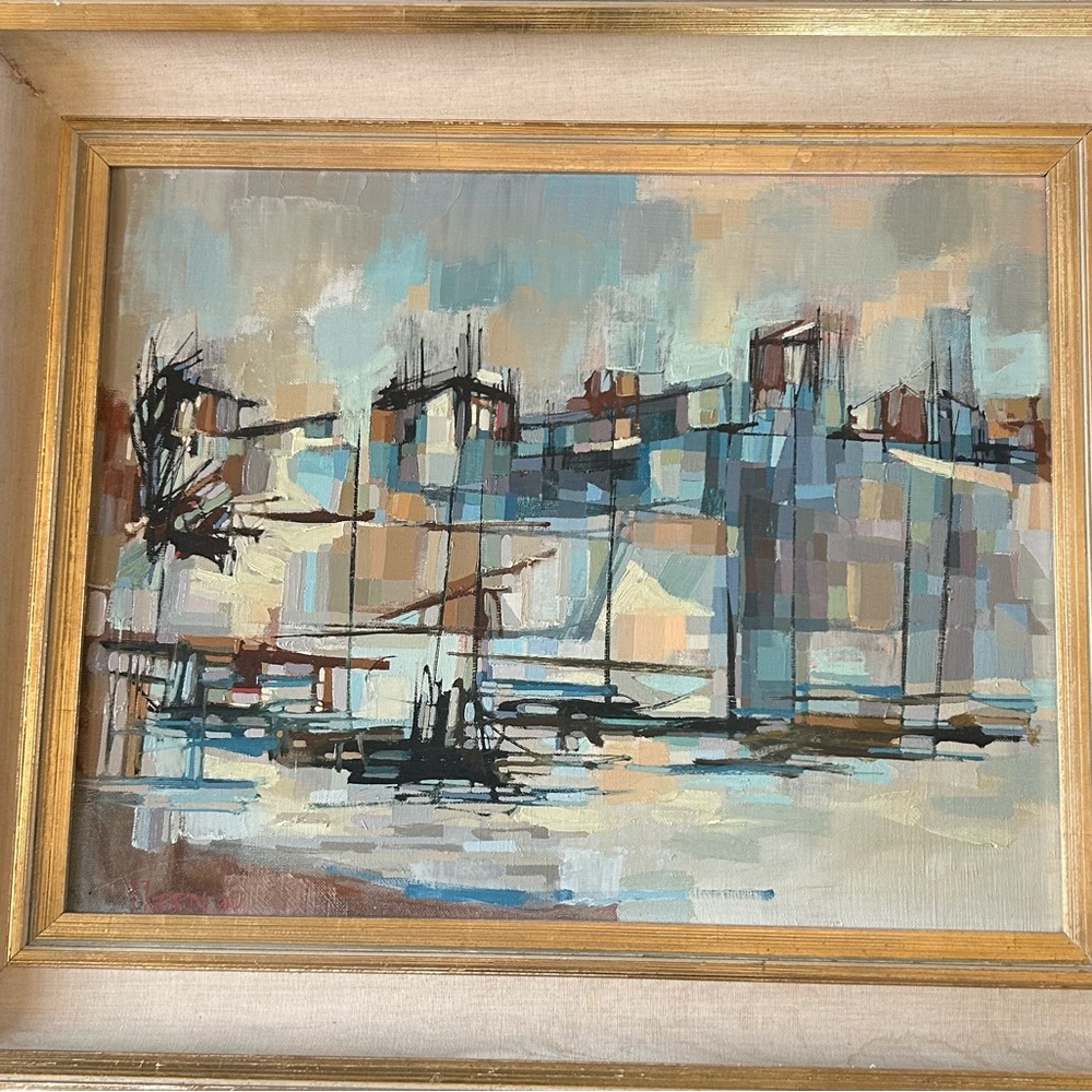 Anthony Thorn Vintage Oil Painting-Harbor Scene, 1960, signed, recent appraisal